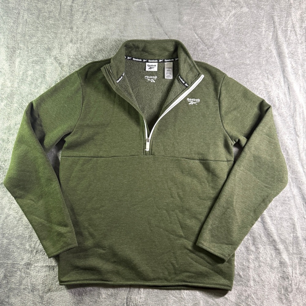 Reebok Quarter Zip Pullover Sweatshirt Olive Green Medium Mens Logo - Picture 2 of 10
